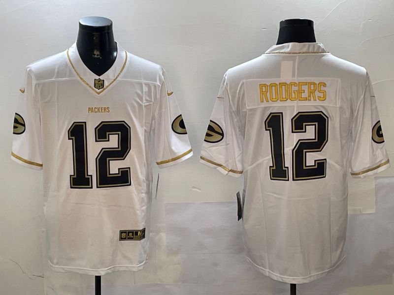 Men Green Bay Packers #12 Rodgers White Gold Throwback 2024 Nike Limited NFL Jersey style 0102